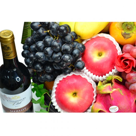 Seasonal Fruits Hamper with Maxim Double York White Lotus  Mooncake and Red Wine